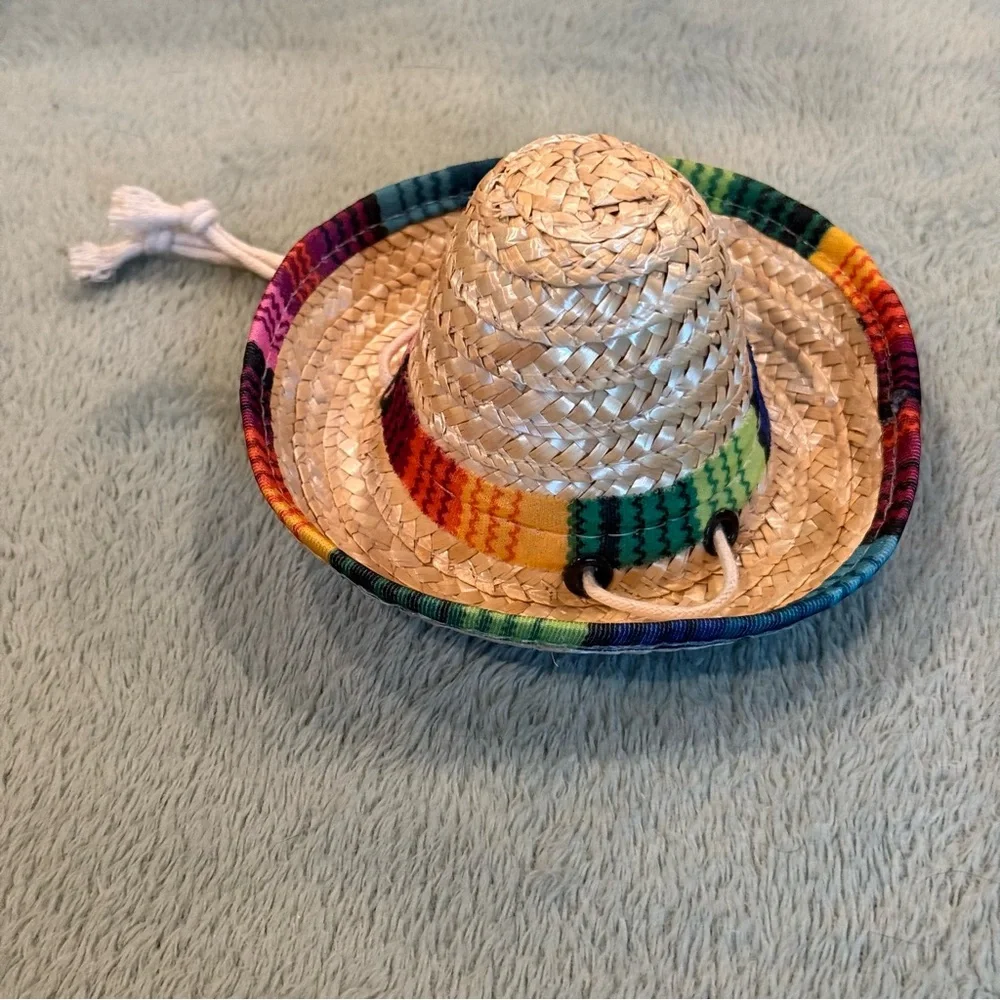 Colorful Straw Cat Sombrero Costume Hat w/ Adjustable Chin Strap